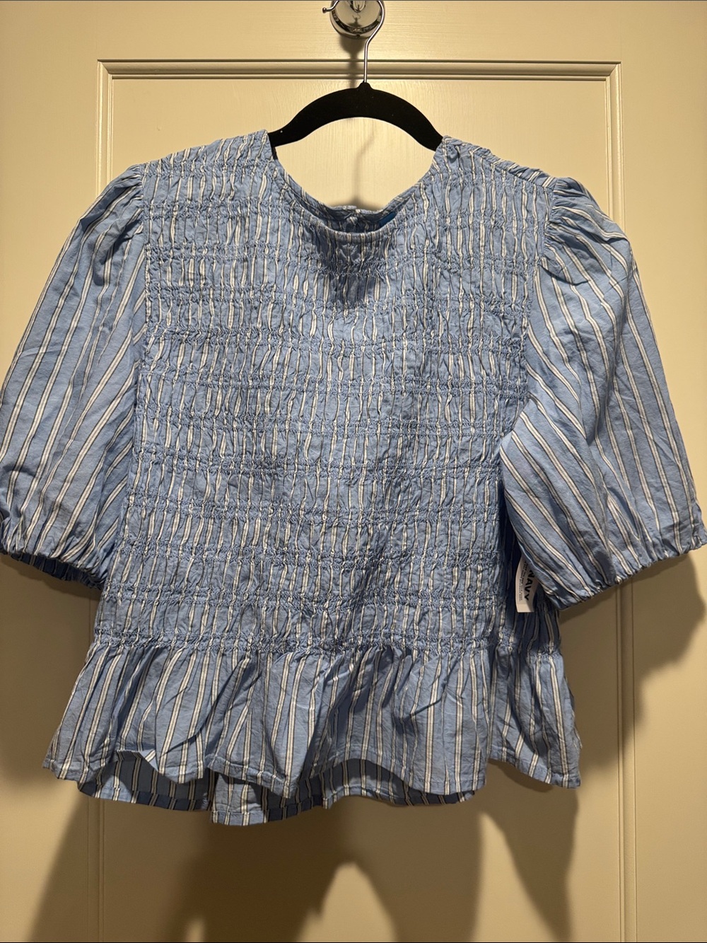 New Old navy Blue & White Striped Smocked Peplum Top ruched blouse top L blue